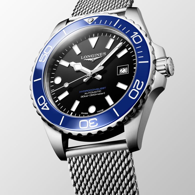 HydroConquest 42mm Mens Watch Black Mesh, , hi-res