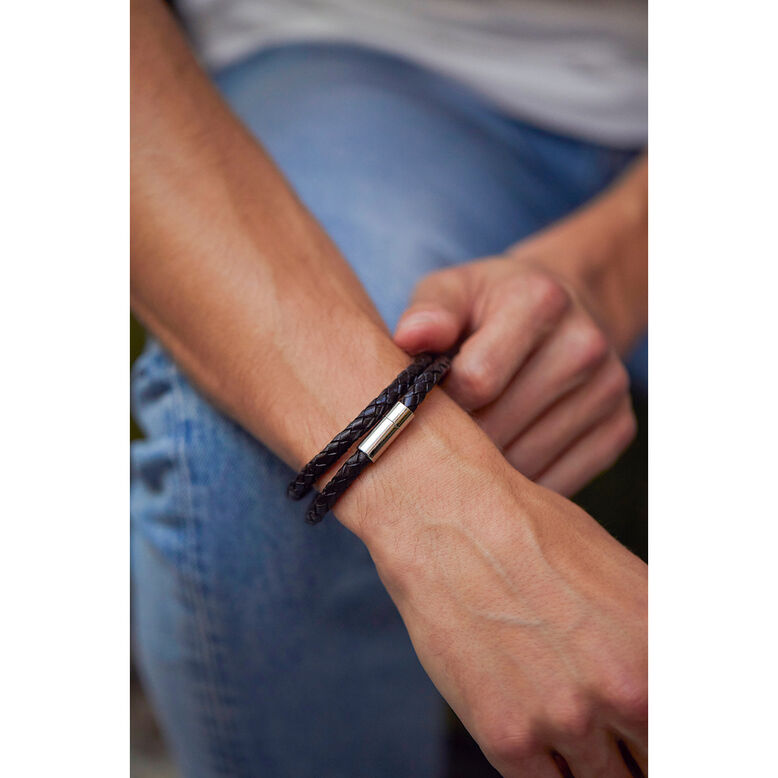 Black Leather Double Wrap Bracelet Steel Finish Boxed, , hi-res