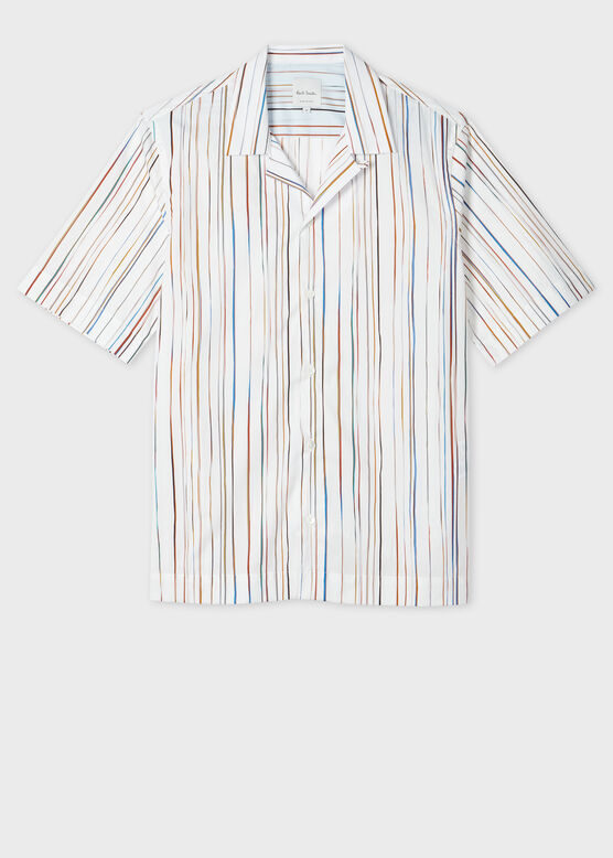 WHITE SIGNATURE PINSTRIPE SS OPEN COLLAR SHIRT, , hi-res