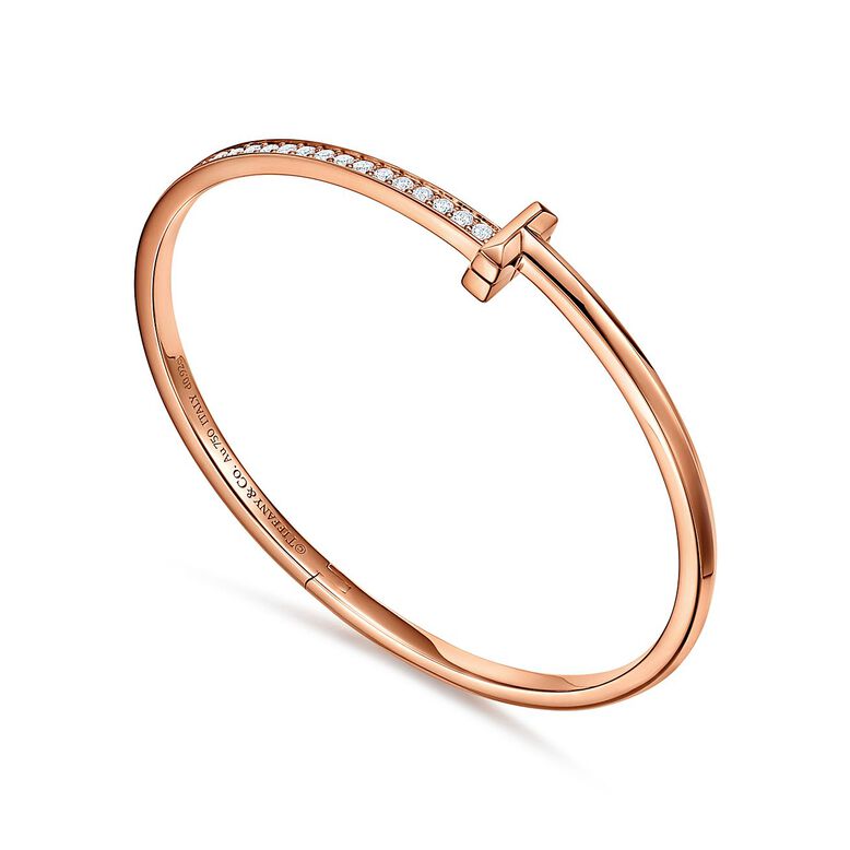 Tiffany T T1 Hinged Bangle in Rose Gold with Diamonds, Narrow - Size Large, , hi-res