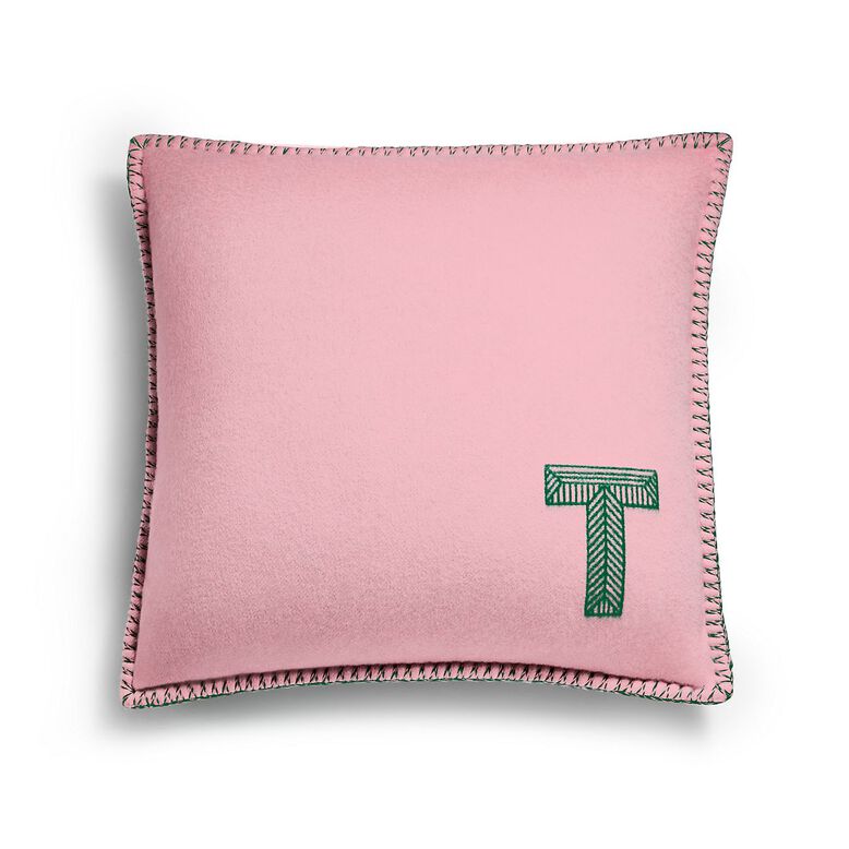 Color Block Cushion in Emerald Green and Morganite Pink Cashmere and Wool, , hi-res
