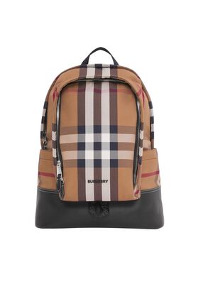 Large Check Cotton Canvas and Leather Backpack