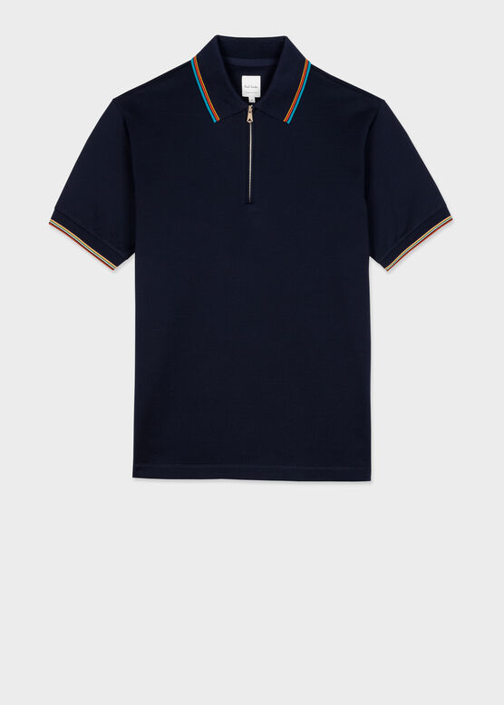 NAVY MERCERISED COTTON SIGNATURE STRIPE PIQUE ZIP POLO SHIRT , , hi-res