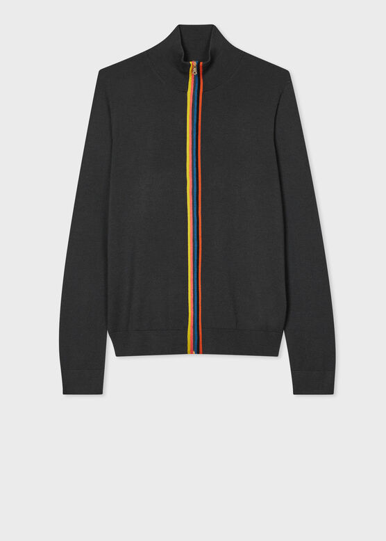 Paul Smith Charcoal Washable Wool &#39;Artist Stripe&#39; Zip Cardigan Grey, , hi-res