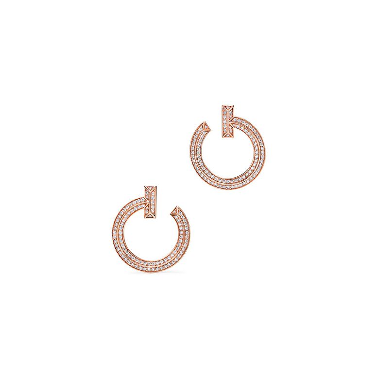 Tiffany T T1 open hoop earrings in 18k rose gold with diamonds, , hi-res