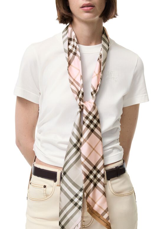 Skinny Contrast Check Silk Scarf, , hi-res
