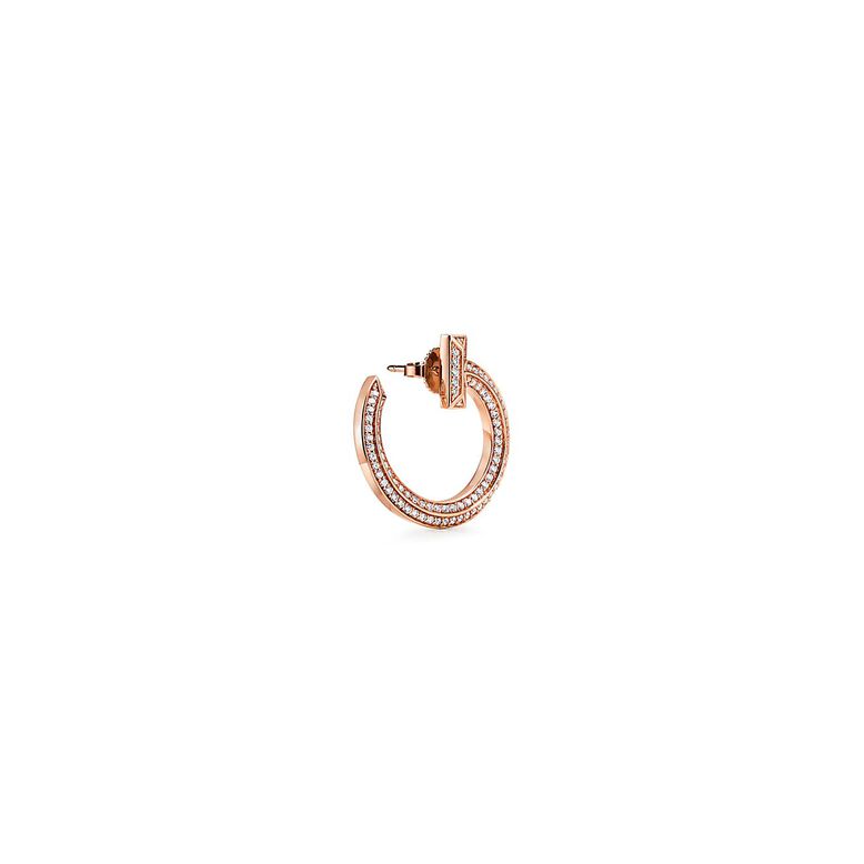 Tiffany T T1 open hoop earrings in 18k rose gold with diamonds, , hi-res