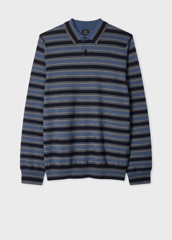 Blue and Navy Stripe Merino Polo Shirt, , hi-res