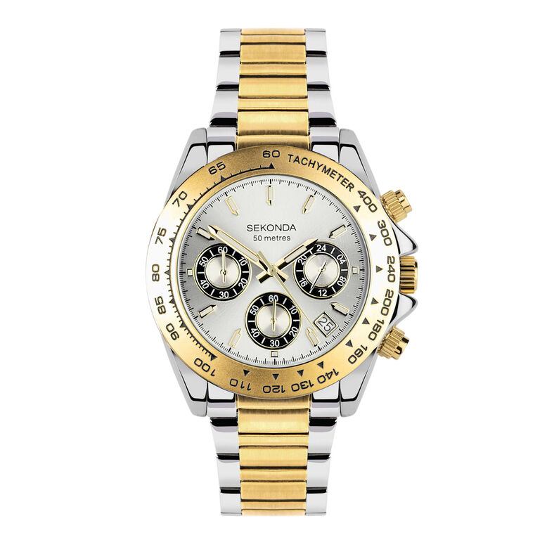 Two Tone Steel Chronograph Watch, , hi-res