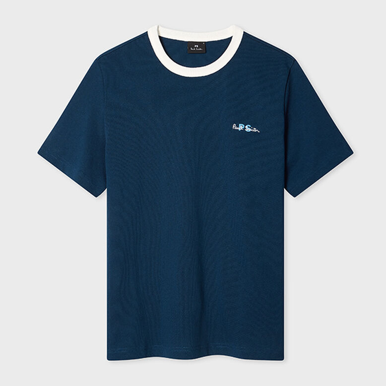 Navy Embroidered Logo Contrast-Collar T-Shirt, , hi-res