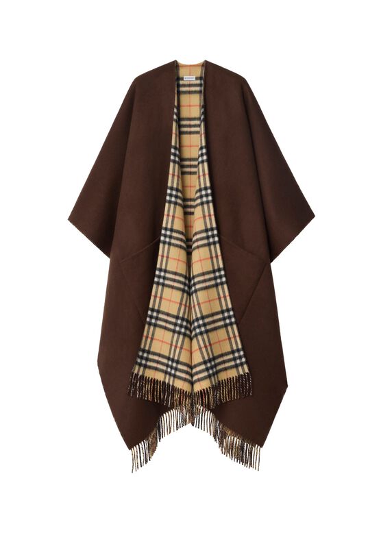 Reversible Check Wool Cashmere Cape, , hi-res