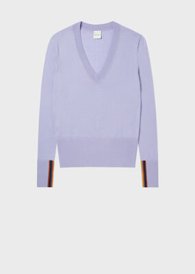 Women's Lavender V-Neck Sweater With 'Artist Stripe' Cuffs 