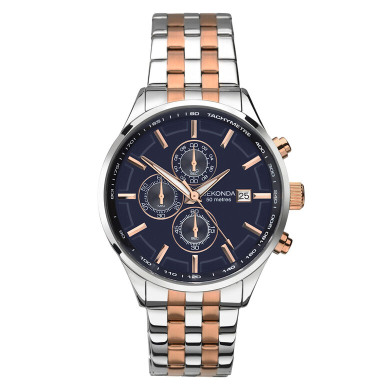Two Tone Alloy Case Navy Dial Watch, , hi-res