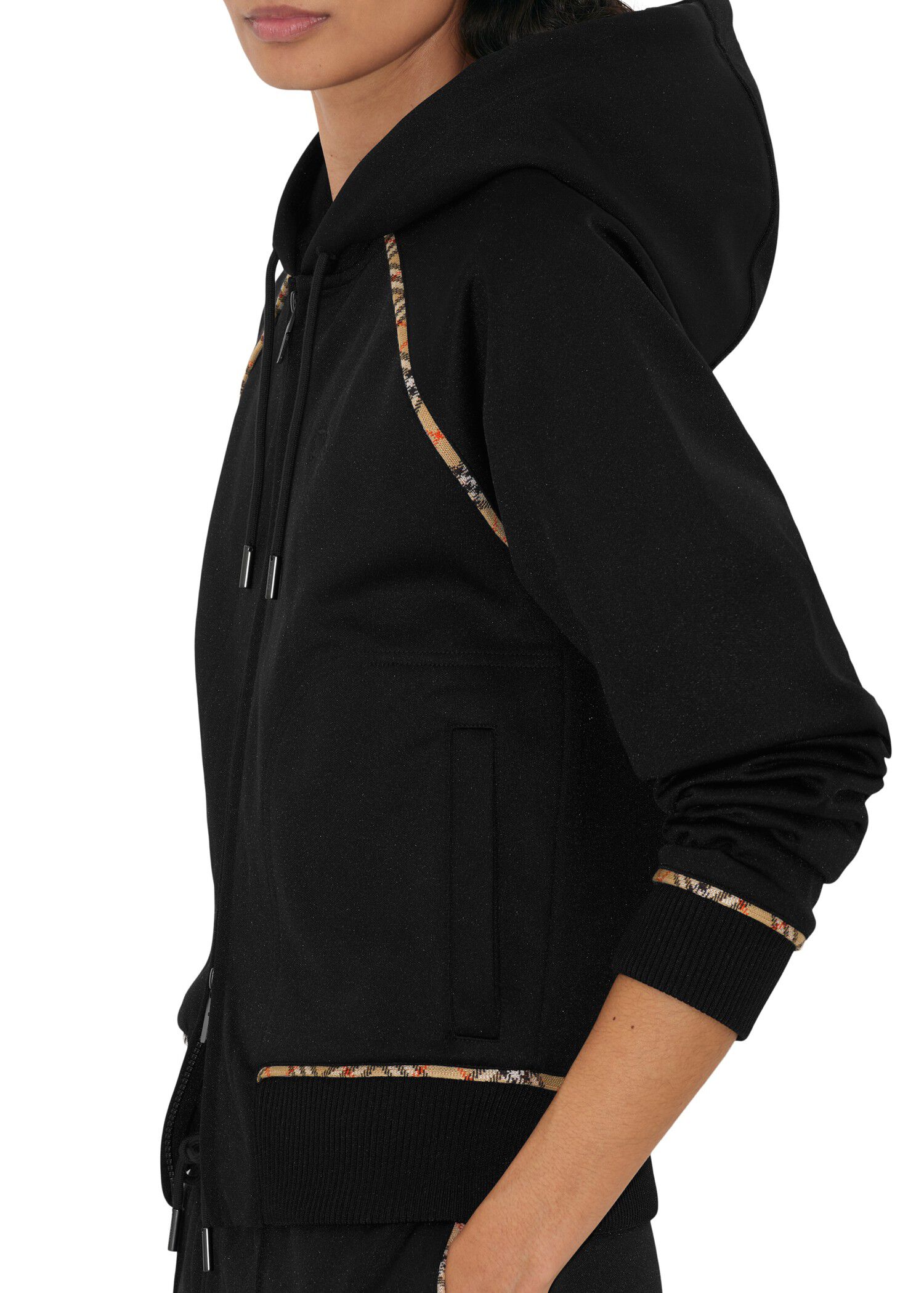 Burberry Check Trim Cotton Blend Zip Hoodie Tops | Heathrow