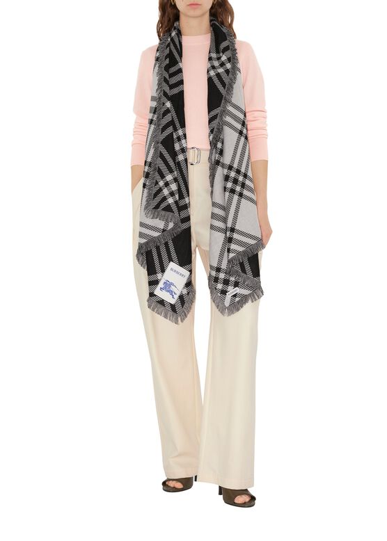 Wide Check Wool Silk Scarf, , hi-res