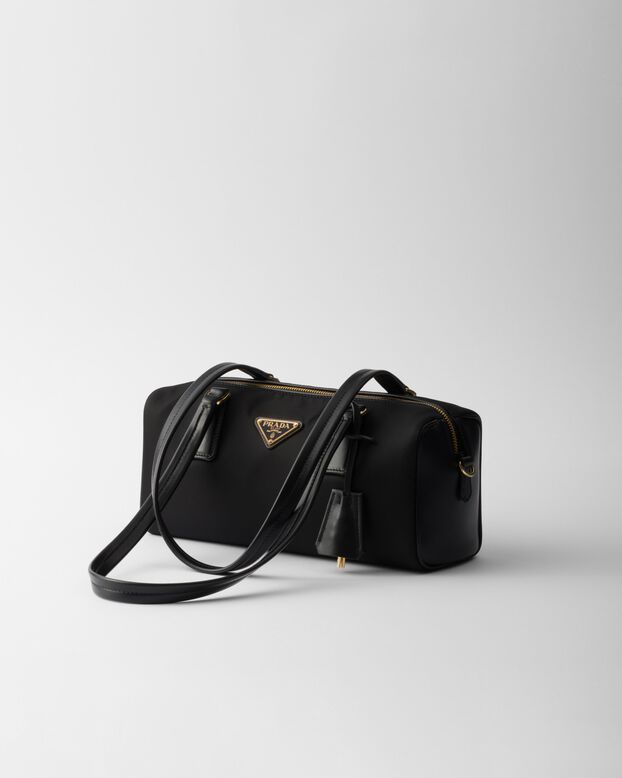 Re-Nylon and leather medium top-handle bag with padlock, , hi-res