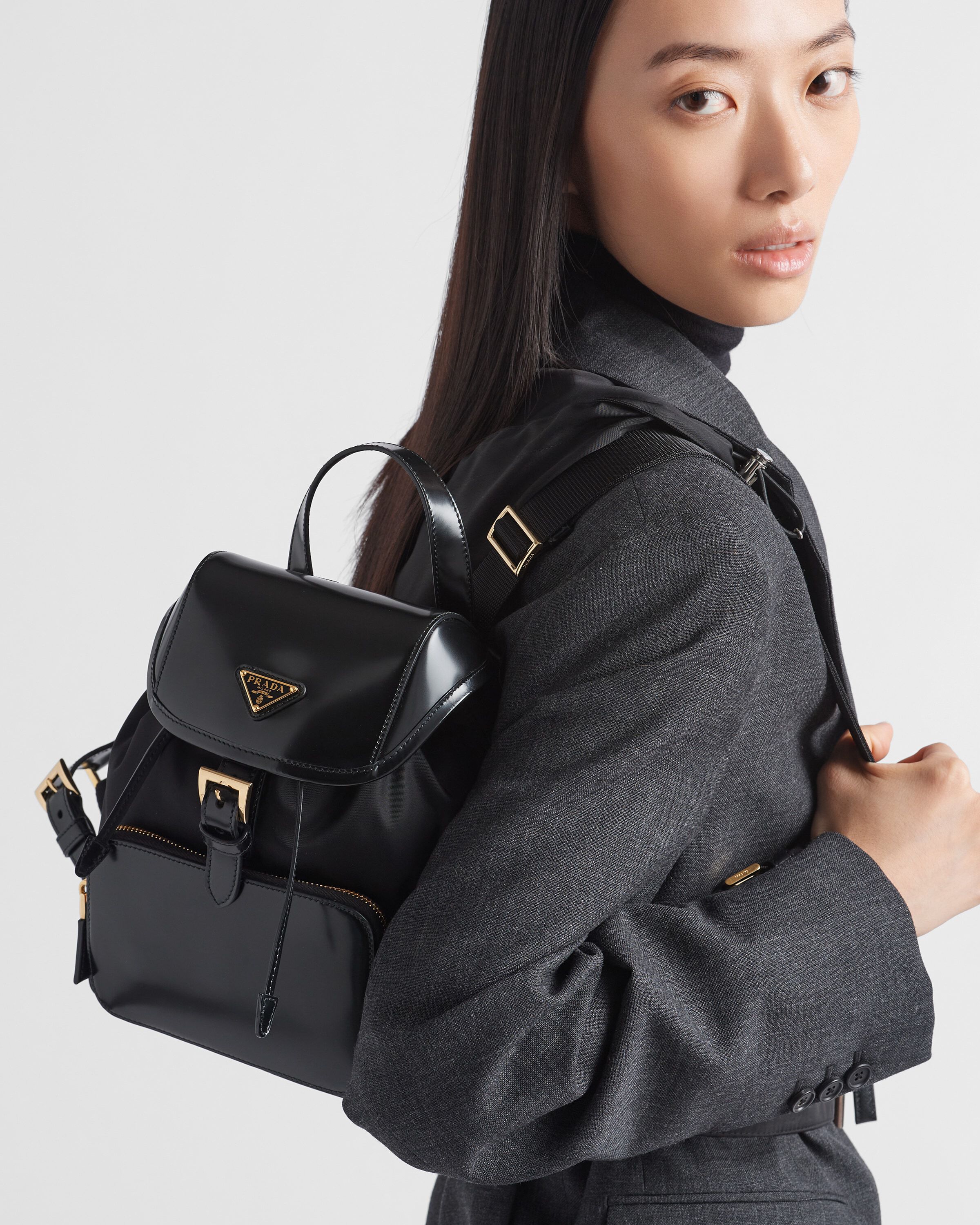 Medium Re Nylon and brushed leather backpack