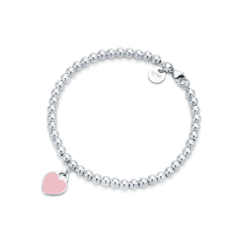Return to Tiffany&trade; Pink Heart Tag Bead Bracelet in Silver, 4 mm - Size Medium, , hi-res