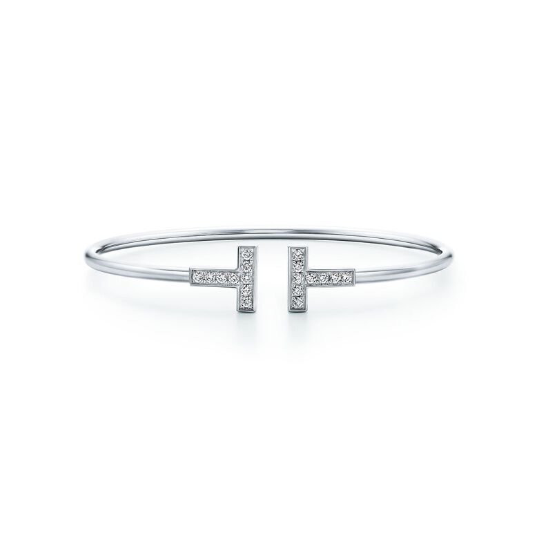 Tiffany T diamond wire bracelet in 18k white gold, small, , hi-res