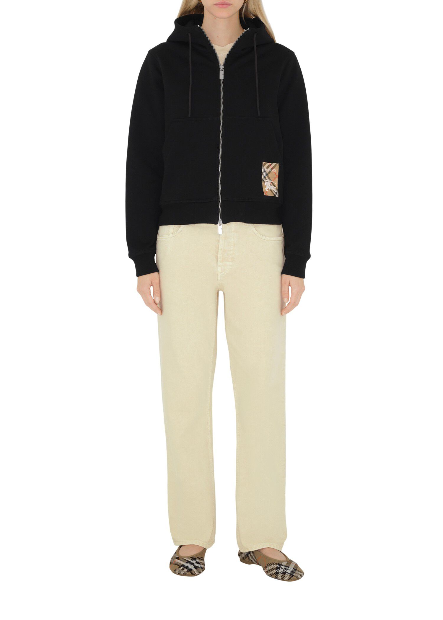 Burberry Check Label Cotton Zip Hoodie Tops | Heathrow Reserve