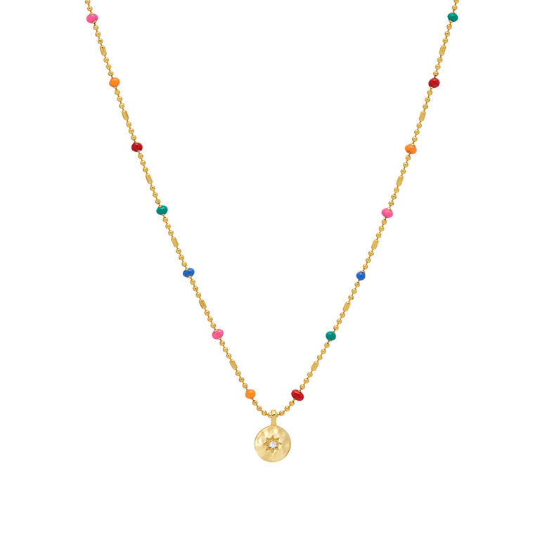 Cz Pendant Rainbow Beaded Necklace Gold Plated, , hi-res