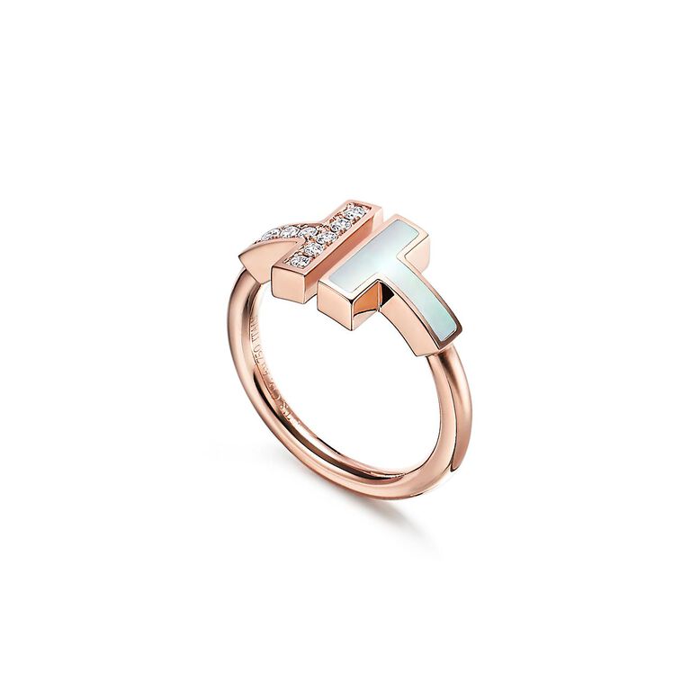 Tiffany T Wire Ring in Rose Gold with Diamonds and Mother-of-pearl, , hi-res