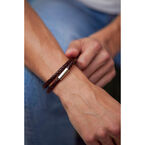 Brown Leather Double Wrap Bracelet Steel Finish Boxed