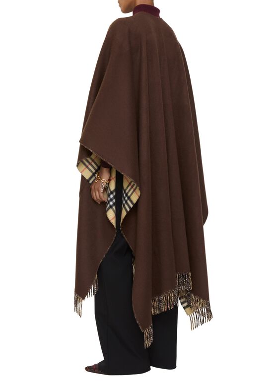 Reversible Check Wool Cashmere Cape, , hi-res