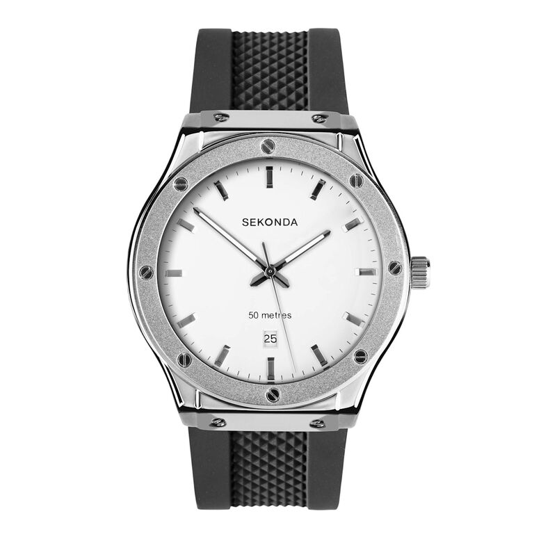 Black Silicone White Dial Watch, , hi-res