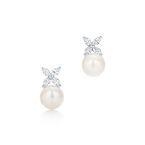 Tiffany Victoria® earrings in platinum with Akoya cultured pearls and diamonds.
