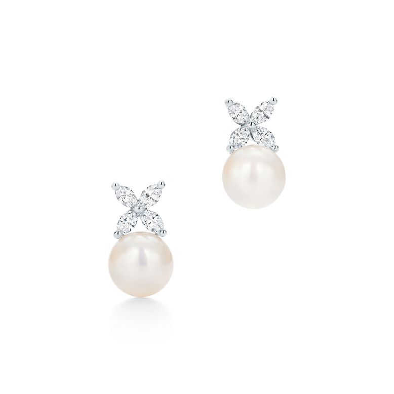 Tiffany Victoria&reg; earrings in platinum with Akoya cultured pearls and diamonds., , hi-res
