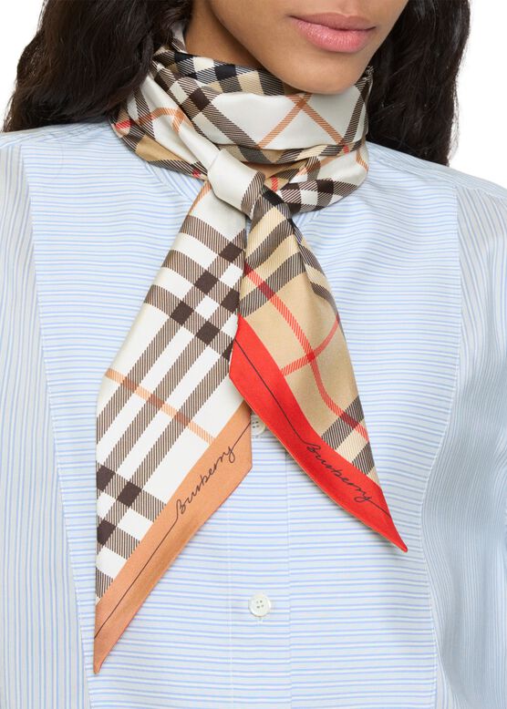 Skinny Contrast Check Silk Scarf, , hi-res