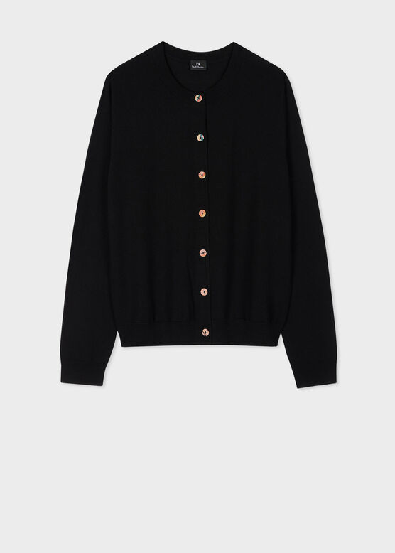 PS Paul Smith Women&#39;s Black Merino Cardigan with &#39;Swirl&#39; Buttons, , hi-res