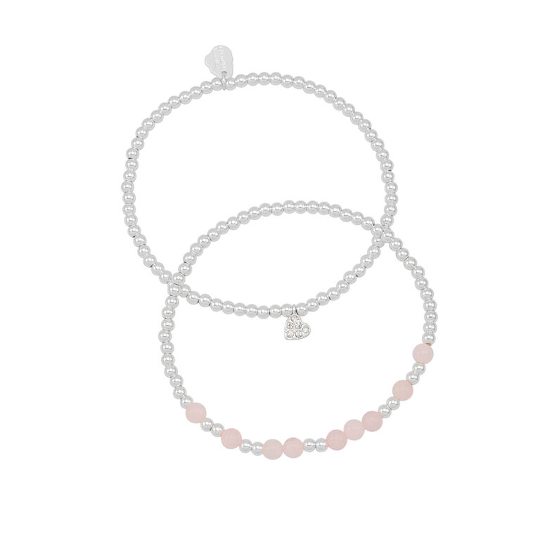 Two  Bracelets With Heart Charm - Rose Quartz and CZ - Silver Plated Set, , hi-res