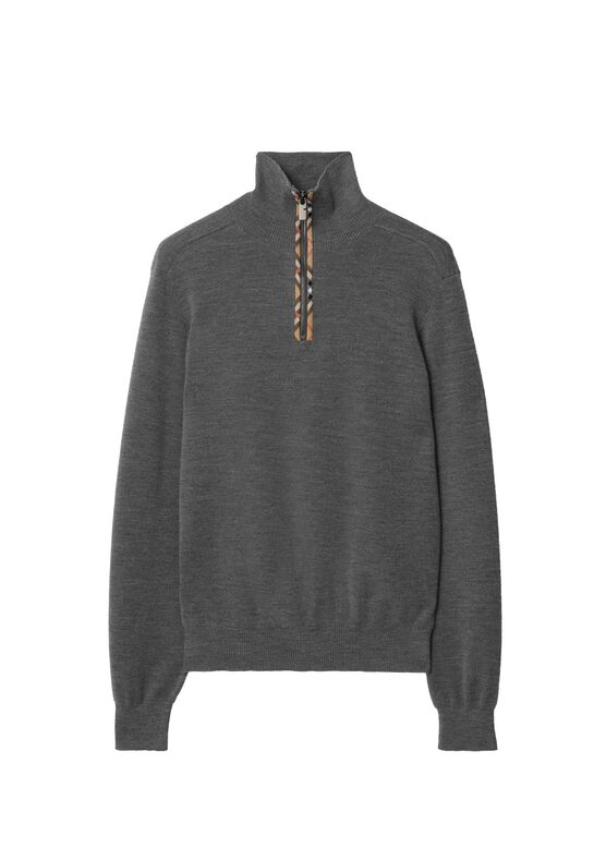 Check Trim Wool Half-zip Sweater, , hi-res