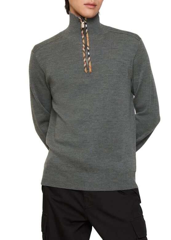 Check Trim Wool Half-zip Sweater, , hi-res