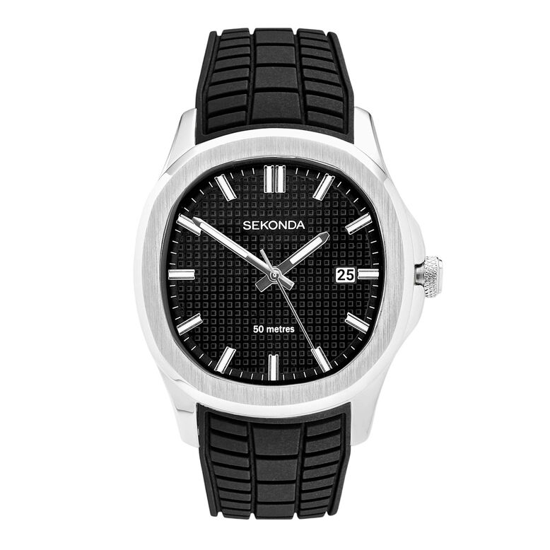 Silver Alloy Black Silicone Watch, , hi-res