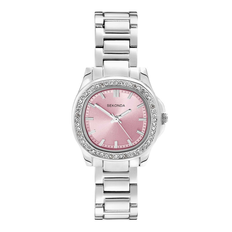 Silver Steel Bracelet Pink Dial, , hi-res
