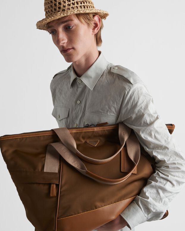 Re-Nylon and leather duffel bag, , hi-res