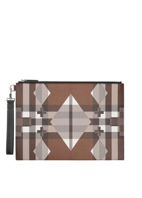 Geometric Check and Leather Large Zip Pouch