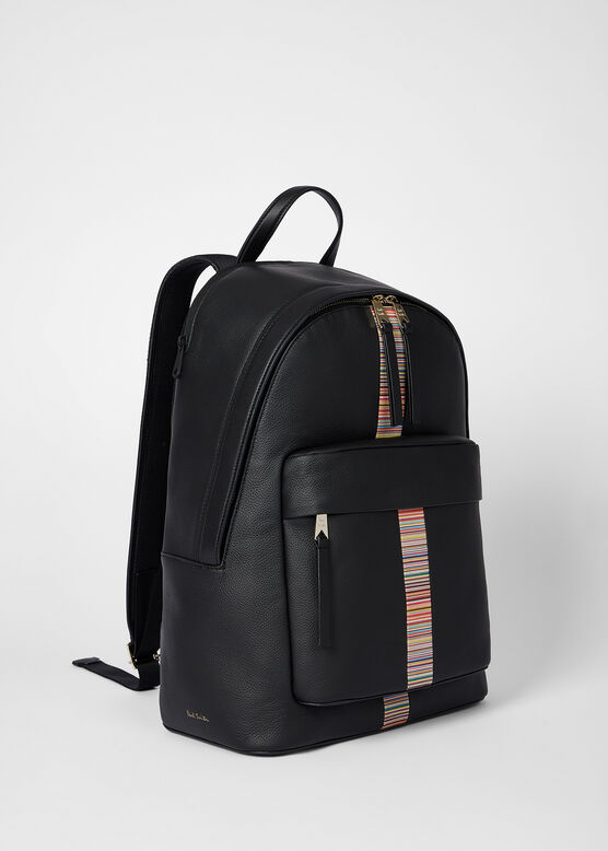 BLACK SIGNATURE STRIPE WEBBING ZIP TOP BACKPACK, , hi-res