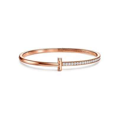 Tiffany T T1 Hinged Bangle in Rose Gold with Diamonds, Narrow - Size Large