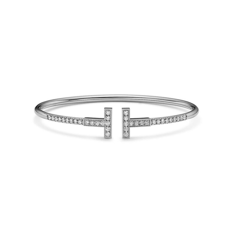 Tiffany T Pav&eacute; Diamond Wire Bangle in White Gold - Size Medium, , hi-res