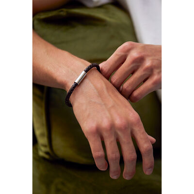 Brown Leather Single Wrap Bracelet Steel Finish Boxed,