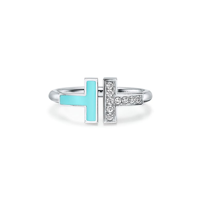 Tiffany T Diamond and Turquoise Wire Ring in White Gold - Size 5 1/2, , hi-res