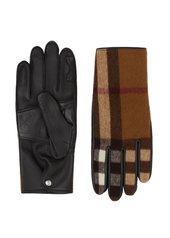 Cashmere-lined Exaggerated Check Wool and Leather Gloves, , hi-res