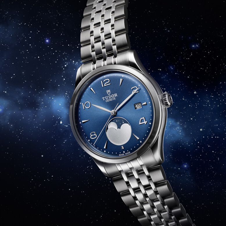 1926 Luna 39mm Mens Watch Steel Case Moon Phase Indicator Blue Dial, , hi-res