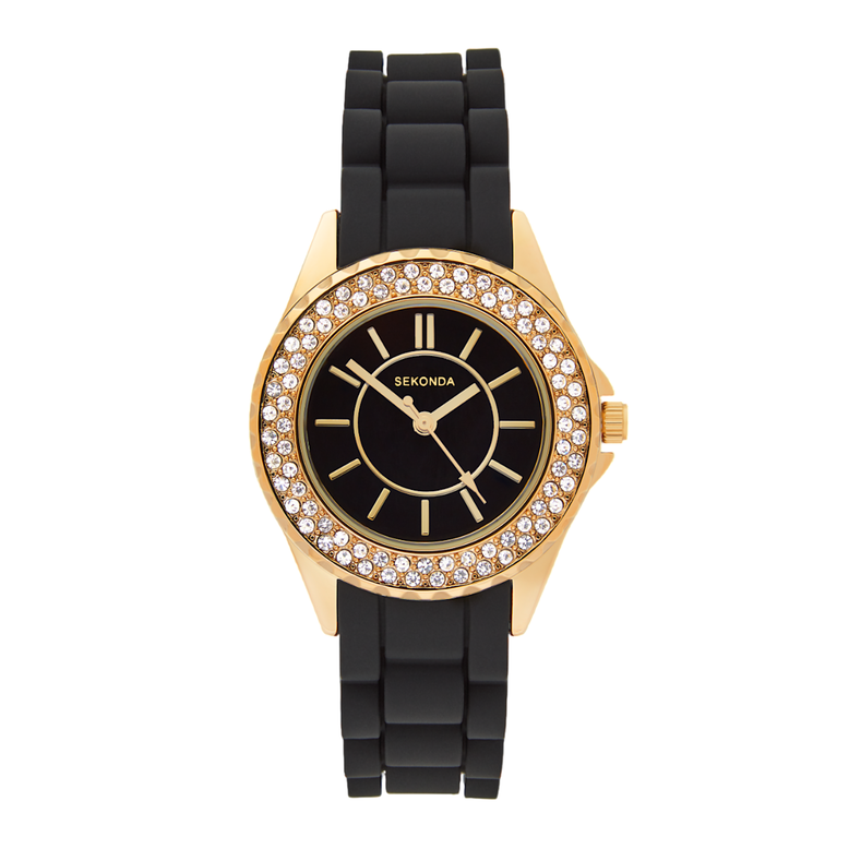 Ladies Dress Watch Black Dial Rose Gold Case - Black, , hi-res