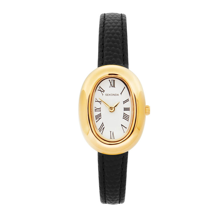 Gold Case Black Leather Watch, , hi-res