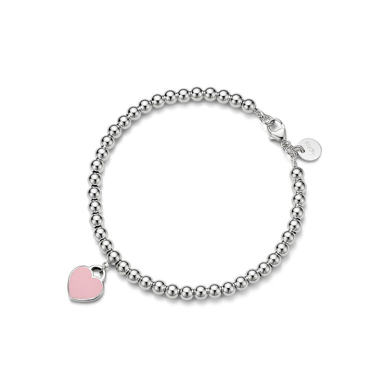 Return to Tiffany&trade; Pink Mini Heart Bead Bracelet in Silver with a Diamond, 4 mm - Size Extra Small, , hi-res